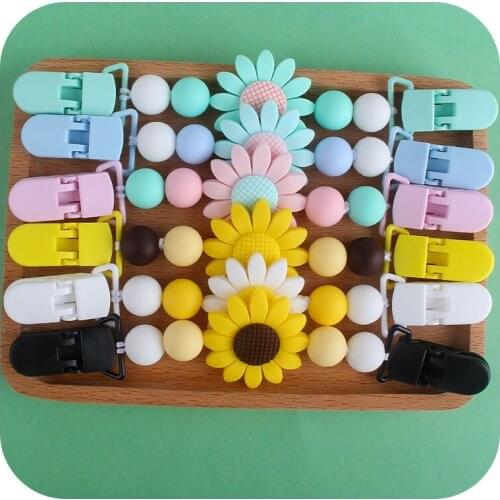Food Grade Silicone Baby Teether Holder Chewing Necklace Pacifier Chain Clip Sunflower Pendant For Pacifier Clips Nipple Holder