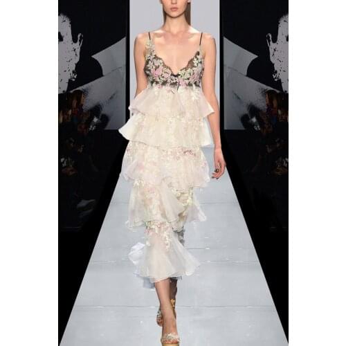 See Orange Fine Floral Embroidery Christmas Dress Women Charming Layered Dress V Neck Lace Strapless Party Dress ND3648