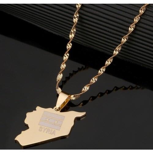 Stainless Steel Gold Color Syria Map Flag Vacuum Pendant Necklace Syrians Charm Jewelry