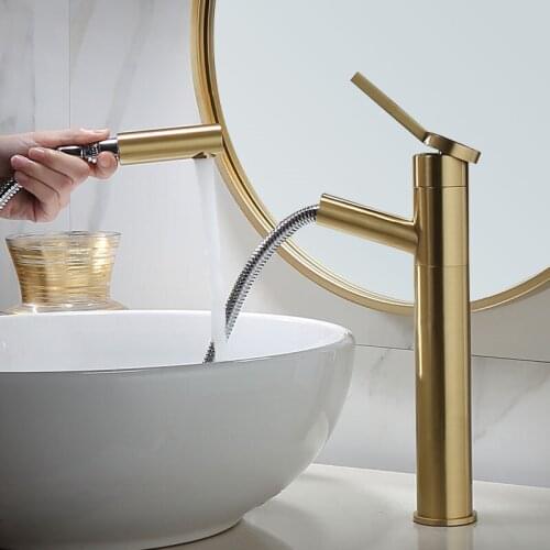 Bathroom Basin Faucet Total Brass Sink Mixer Tap Hot and Cold Pull Out Faucet Single Handle Brushed Gold Water Crane Vessel Tap