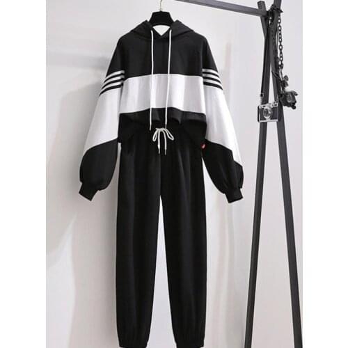 Spring and Autumn New Color Matching Waist Leisure Sports Suit Womens Hoodie Long-sleeved Trousers Two-piece Loose and Thin