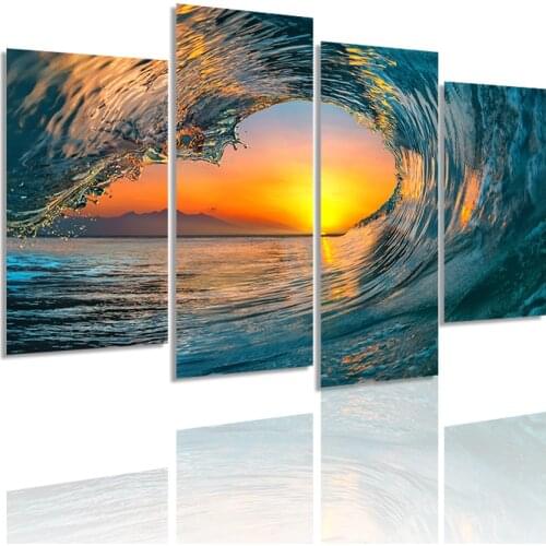 Sunset Sea Water Ocean Wave 4 Panels Canvas Painting HD Poster Wall Art Print Picture Living Room Interior Home Decor Frame