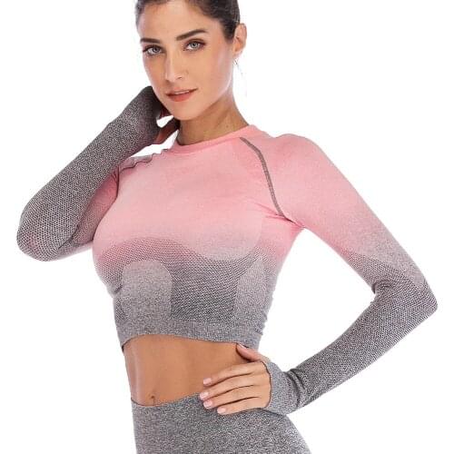 Women Seamless Sport Crop Top Ombre Long Sleeve Yoga T-shirt Running Sexy Fitness Crop Top Sportwear Gym Workout Clothes