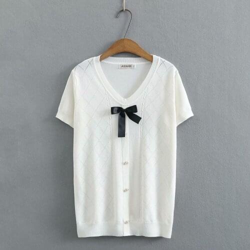 Plus size bow ice silk short sleeves women t shirt 2021 black white pink knitted summer ladies tshirts female T-shirts tops