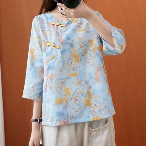 Women Vintage Cotton Linen T-shirt New Arrival 2021 Vintage Style O-neck Floral Print Loose Comfortable Female Casual Tops S3466