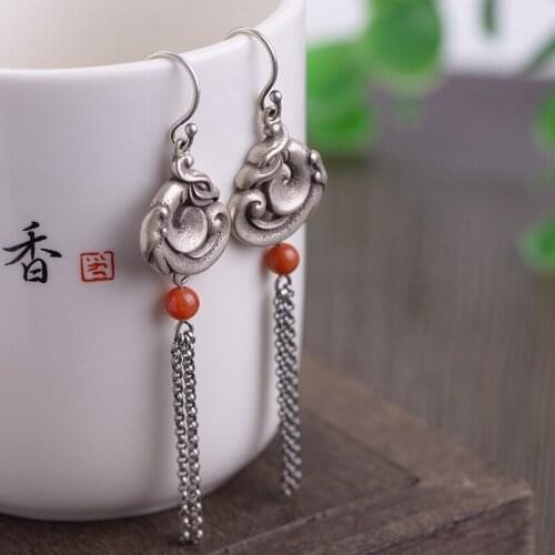 S925 Silver Retro Womens Fashion Ethnic Style Old Silver Peacock Tassel Earrings
