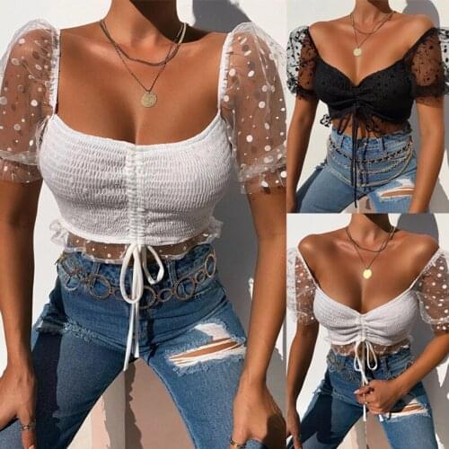 Women Elegant Cropped Top Shirt Short Mesh Puff Sleeve Skinny Polka Dot Black White T-Shirts For Girls Casual Streetwear Female