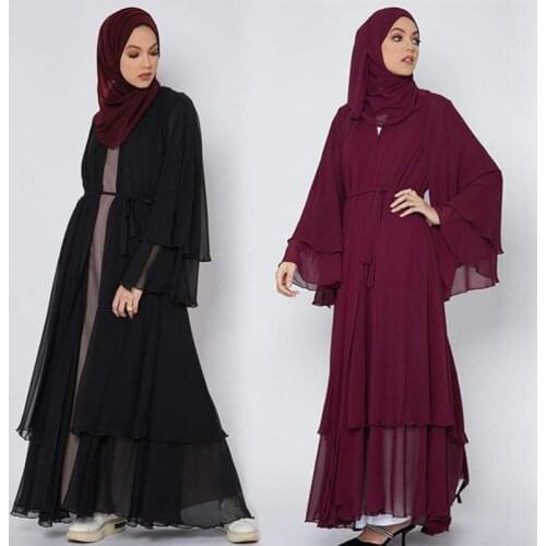 Arabian Dubai Pure Color Elegant Large Size Loose Ladies Chiffon Robe Cardigan Catan Eid Mubarak Muslim Prayer Garment Jalabiya