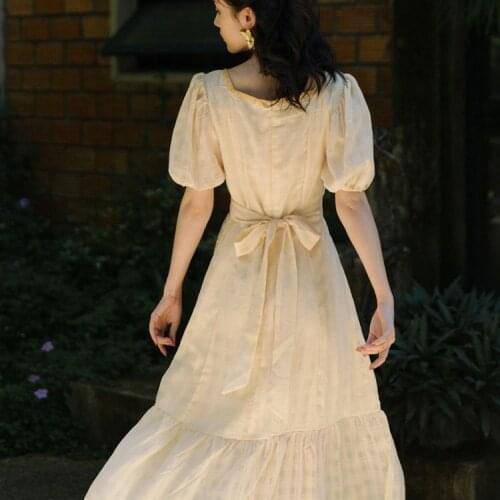 Women Summer Short Puff Sleeve Long Maxi Dress Vintage Square Collar Female Lace Dress Casual Street Lady Retro Vestido