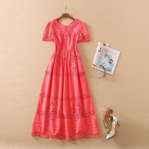 2021 Spring Summer Dress V Neck Short Sleeve Pink Flora Print Womens Long Dress