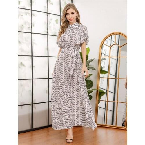 2021 Summer Women Maxi Dress Short Sleeve Print Long Dresses Dubai Abaya Kaftan Muslim Jilbab Turkey Party Gown Islamic Vestidos