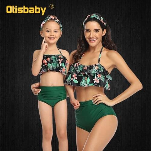 3PCS Lotus Leaf Beach Bikini Mothder Daugthter family look Frangipani Swimwear and Swimming Trunks Swimsuit Matching Clothes Set