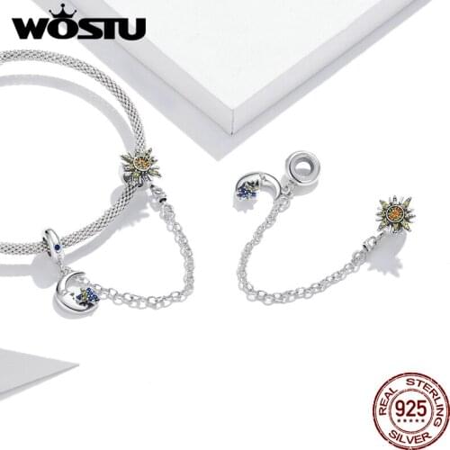 WOSTU 925 Sterling Silver Safety Chain CZ Pendant Sun & Moon Charms for Bracelet Necklaces DIY Jewelry Accessories Gift DXC1763