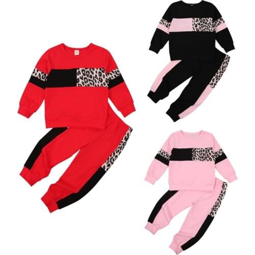 Kids Sportswear Suit Long Sleeve Round Neck Leopard Pattern Top Elastic Head Long Pants for Autumn