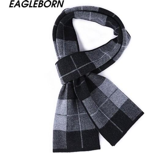 EAGLEBORN 100% Wool Lamb Plaid Men Scarf Men Luxury Brand Winter Wool Autumn Winter Scarves for Men Warm Blanket Scarf Thickened