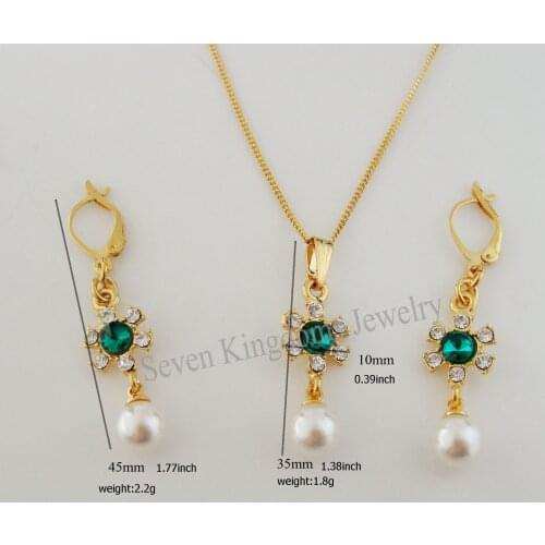 FoRomance- HIGH QUALITY GOLD GP OVERLAY VIVID FLOWER BLUE AND CLEAR CZ STONE PENDANT 18" LINK CHAIN NECKLACE EARRING SET
