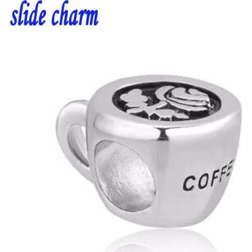 Slide charm Free shipping Roses coffee cups charm beads fit Pandora bracelet