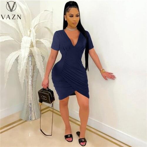 VAZN 2020 Hot Holiday Party Lady Short Dresses Deep V-neck Solid A-line Sexy Club Elegant Style Women High Waist Dress