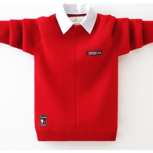 Cotton Boys Pullovers Spring Autumn Boys Warm Jacket Teenage Winter Velvet Sweaters Turn-down Collar Knitted Bottoming Sweater