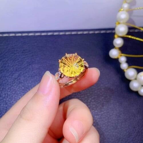 Exquisite Jewelry 925 Sterling Silver Inset With Large Gemstone Women Popular Noble Round Citrine Adjustable Ring Support Detect