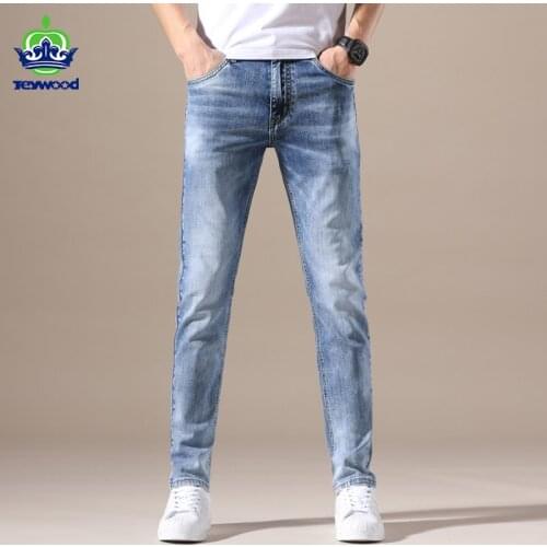 Jeywood Brand clothing Jeans Men Brand High Quality Stretch Light Blue Denim Fashion Pleated Retro Pocket Skinny Trousers Pants