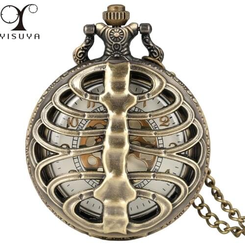 Hollow Skeleton Bronze Quartz Pocket Watch Arabic Numerals Dial Retro Necklace Pocket Clock Vintage Accessory Watch Gifts