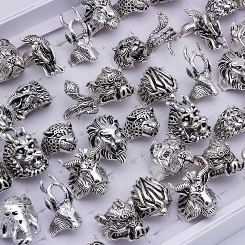 Bulk lots 20pcs Animal Mix Ring Mens Punk Rocker Skull Ring Snake Lion Leopard Dragon Elephant Owl Gecko Eagle Rings Man Gift
