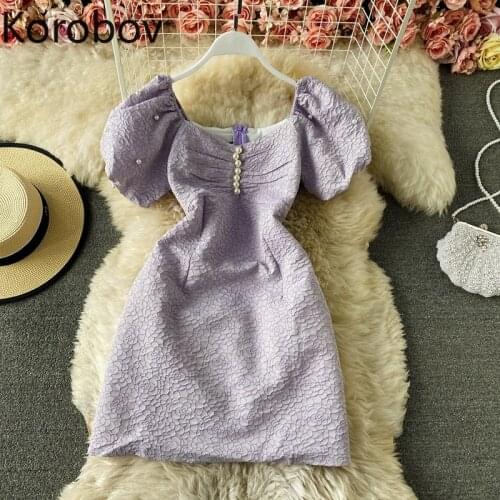 Korobov 2021 Summer Dresses Square Collar Puff Sleeve Dress Women Slim Waist Pearl Design Elegant Fashion Vestidos Mujer 2D668