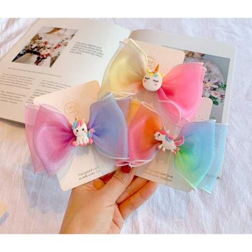 Cute Pastel Rainbow Girls Hair Bows Clips Gradient Handmade Hairpin Girls Hairpins Organza Bow Hair Clips Hair Accessories