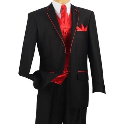 Custom Made To Measure Black Mens Suits,Bespoke Red Black Tuxedo With Red Vest,Tailored Wedding Tuxedo Black With Red Waistcoat