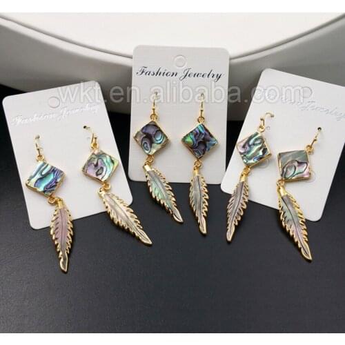 WT-E326 Wholesale Natural Square Abalone With Feather Shell Charm Dangle Earring With 24k Gold Electroplated Shell Earring