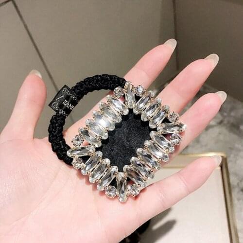 Girl Hair Ropes Rhinestone Leather Case Geometric Shape Black Rubber Bands Hair Ties for Women Ladies Fashion Hair Accessories