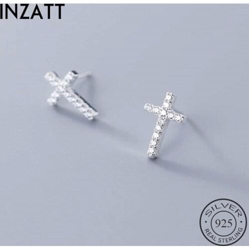 INZATT Real 925 Sterling Silver Zircon Cross Stud Earrings For Fashion Woman Party Minimalist Fine Jewelry Cute Accessories Gift