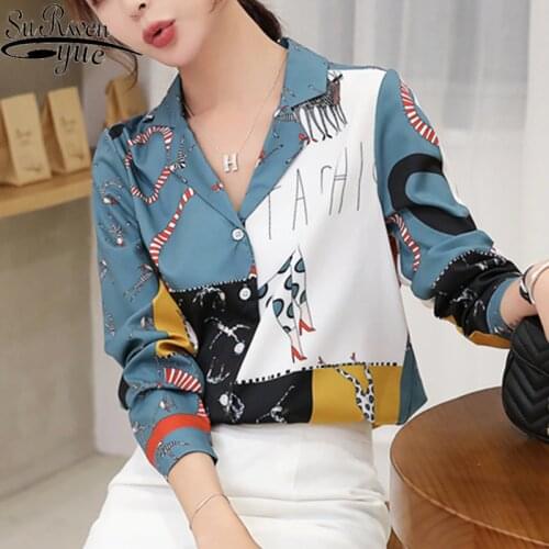 Chiffon Long Sleeve Button Office Lady Womens Tops and Blouses 2021 Ladies Tops Blouse Shirts Blusas V-Neck Printing 5995 50