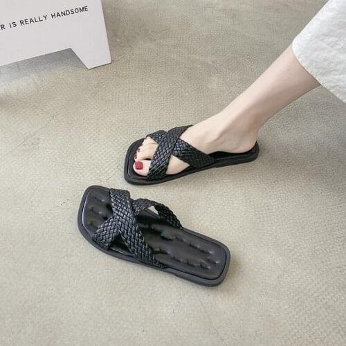 Sandals Leather Summer Slippers Soft Fashion Casual Slip On Shoes Woven Black Beach Slides 2021 Flip Flop