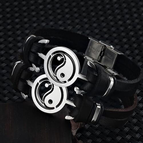 Vintage Men Tai Chi Yin Yang Faux Leather Clasp Bracelet Bangle Jewelry Gift new