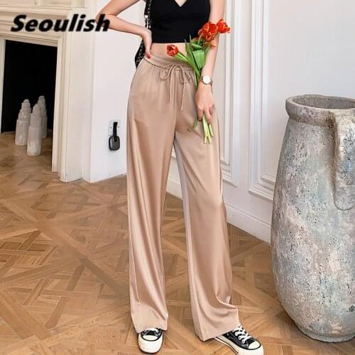 Seoulish 2021 New Summer High Waist Wide Leg Pants Women Oversized Silk Satin Vintage Pants Female Lace Up Casual Loose Trousers