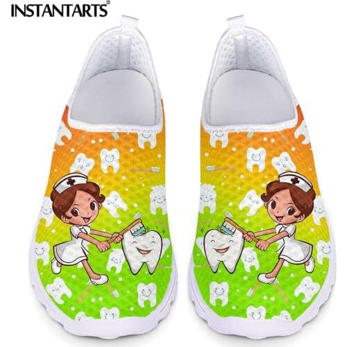 INSTANTARTS Fashion Gradient Color Nurse Brush Teeth Cartoon Pattern Women Flat Shoes Breathable Mesh Sneakers Slip-on Loafers