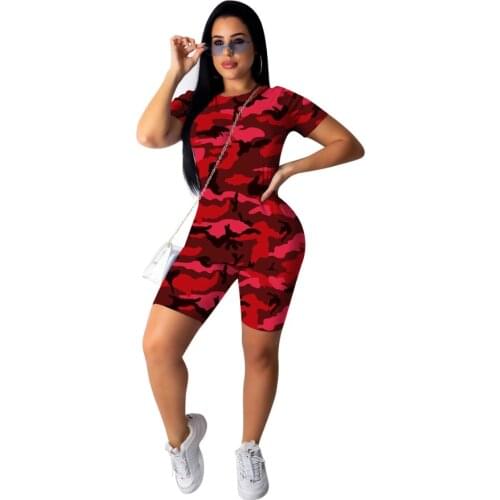 Women Sports Suits Fashion Short Sleeve O Neck Two Pieces Set Camouflage Print Casual T Shirt Top Skinny Bike Shorts Tracksuits