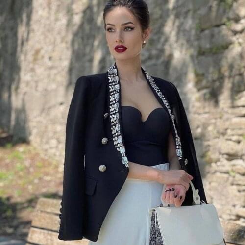 2021 Fashion Autumn Black Diamonds Patchwork Casual Slim Women Long Sleeve Blazer Suits Office Lady Elegant Buttons Jacket 50282