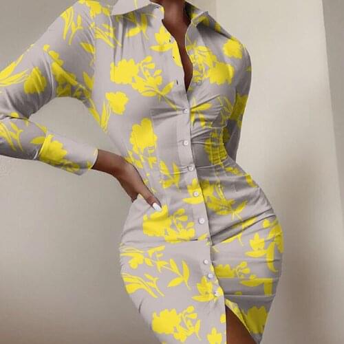 Women Casual Long Sleeve Skinny Dress Fashion Printing Single-breasted Mid-length Dress