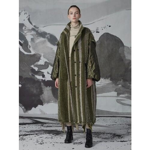 IRINACH02 Fall Winter 2020 New Collection stand collar oversize long striped army green wool coat women