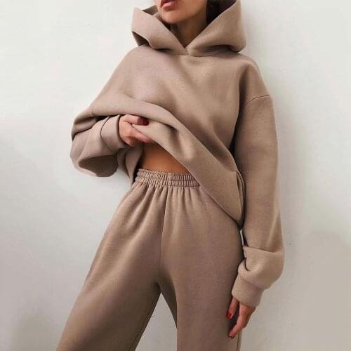 2021 Winter Womens Clothing Plus Velvet Warm 2 Two-piece Sports Set Hooded Sweater Trousers Suit Casual Pants Set