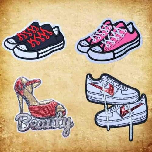 1pcs Sequin high heeled shoes cool sneaker logo embroidery badge sticker on clothes DIY