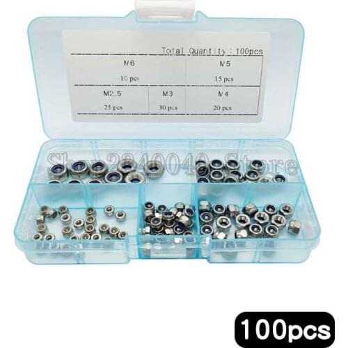 100Pcs/set Self-locking Nut Lock Nut Locknut Slip Nylon 304 Stainless Steel Hex Nut Assortment Kit M2.5 M3 M4 M5 M6 DIN985