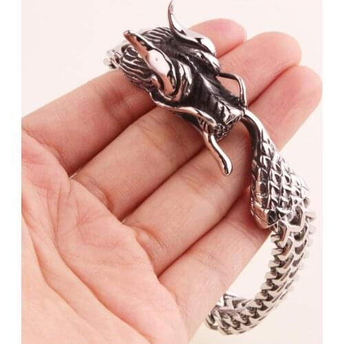 12mm Cool Unsexs Jewelry Stainless Steel Silver Color Dragon Head Figaro Chain Mens Bracelet Cuff Bangle