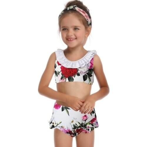 2020 Beach High Waist Bikini Girls Floral Children Swimming Suit 2 Pieces Swimwear Kids Crop Top Tankini Swimsuits Baby Girl