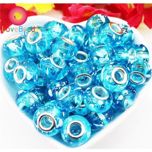 10Pcs 14x8mm Blue Color Flower Art Charms Large Hole Murano Rondelle Beads Spacer Fit European Bracelet DIY Jewelry Chain Charms