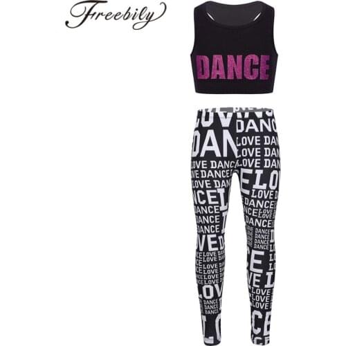 Kids Girls Dance Costume Shiny Letters DANCE Printed Sleeveless Crop Top Sports Bra + Pants Leggings Childrens Sports Outfits