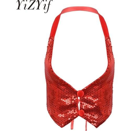 Women Shiny Sparky Sequins Jazz Dance Costume Backless Halter Neck Vest Waistcoat Clubwear Jazz Dance Tank Top Rave Outfits